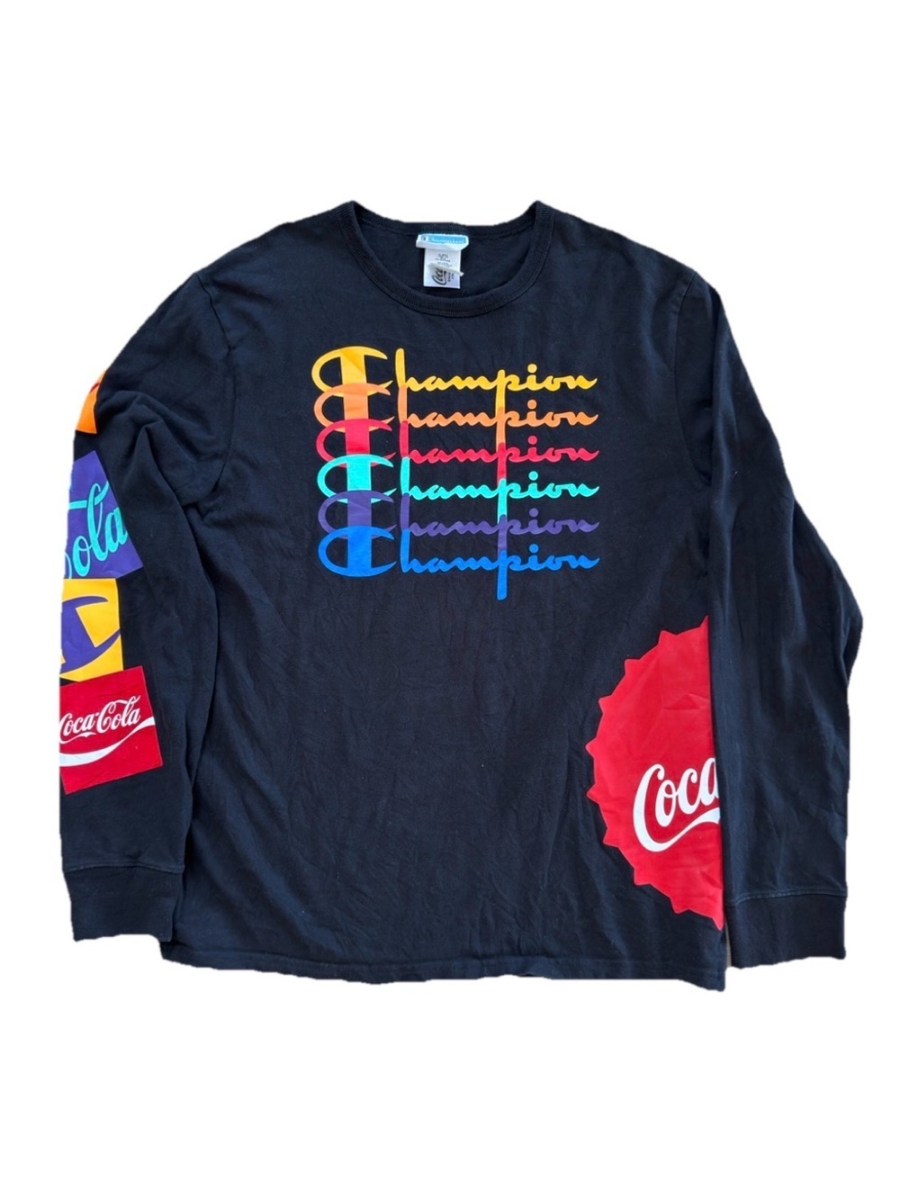 Champion x Coca Cola Long Sleeve Shirt Graphic Rainbow Spellout Vintage Y2K M